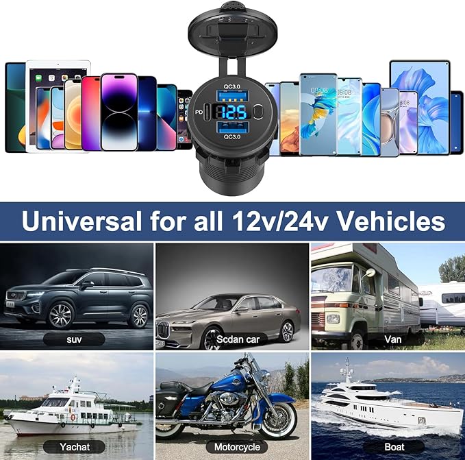 Hapytrip 12 Volt USB Outlet Dual Quick Charge 3.0 Port and PD3.0 USB C Car Battery Chargers Socket, Waterproof 12V Power Outlet Cigarette Lighter Replacement DIY Kit with Voltmeter and Switch for Boat