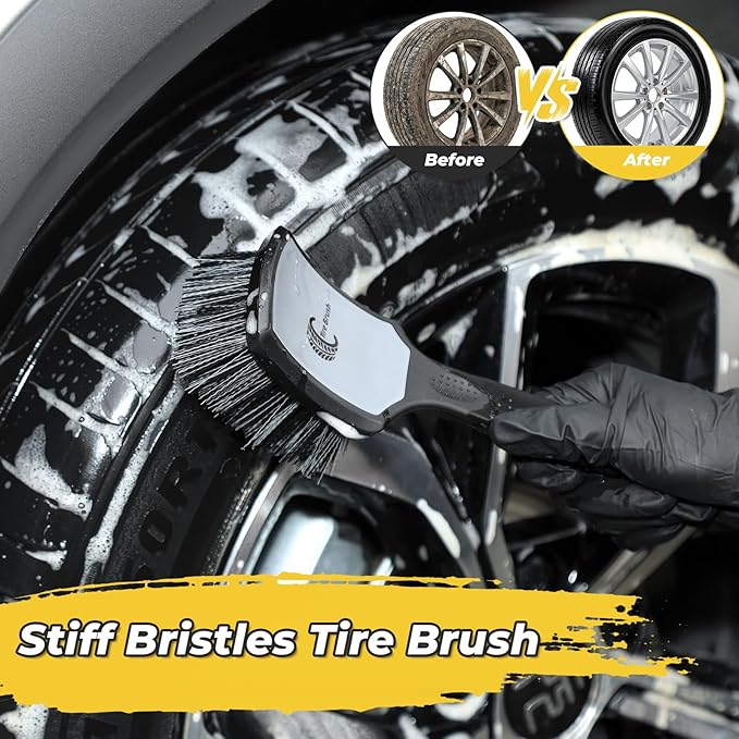 Wheel and Tire Brush Detailing Kit, Soft Rim Brush & Stiff Tire Brush with Silicone Bumper Guard, Non-Slip Ergonomic Handle Car Wash Set for Alloy Wheels, Fenders, Mats