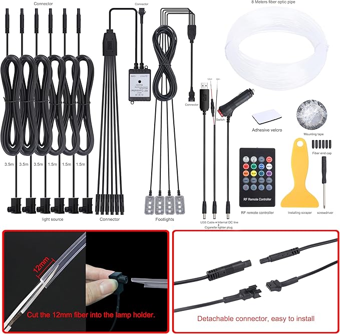 8 m Optic Fiber Car Ambient Lighting Kit RF Remote Control 64 Colors Multicoloured Music Interior Footwell Lighting Kit 12V 1W