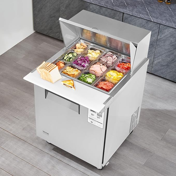 VEVOR 28" Commercial Refrigerator, 12 Pans Sandwich & Salad Prep Table, 7.4 Cu. Ft Stainless Steel Refrigerated Food Prep Station, Frost Free Mega Top Refrigerator for Restaurant, Food Truck, Bar