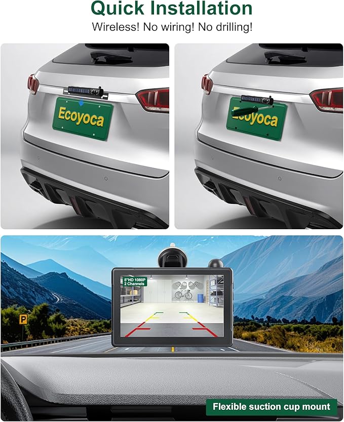 Solar Wireless Backup Camera 5'' HD Split-Screen Monitor Reversing Camera Stable Signal Dual Channel Back Up Kit Easy Installation Night Vision Waterproof Reverse Camera for Car RV Van SUV