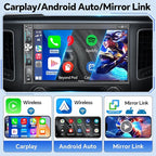 SJoyBring QLED Double Din Car Stereo with Dash Cam & Backup Camera, Wireless Apple CarPlay & Android Auto, Bluetooth, 4.2-Ch 2 Subwoofers Outputs, 7 inch Touchscreen, MirrorLink, FM/AM Radio