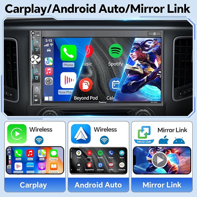 SJoyBring QLED Double Din Car Stereo with Dash Cam & Backup Camera, Wireless Apple CarPlay & Android Auto, Bluetooth, 4.2-Ch 2 Subwoofers Outputs, 7 inch Touchscreen, MirrorLink, FM/AM Radio
