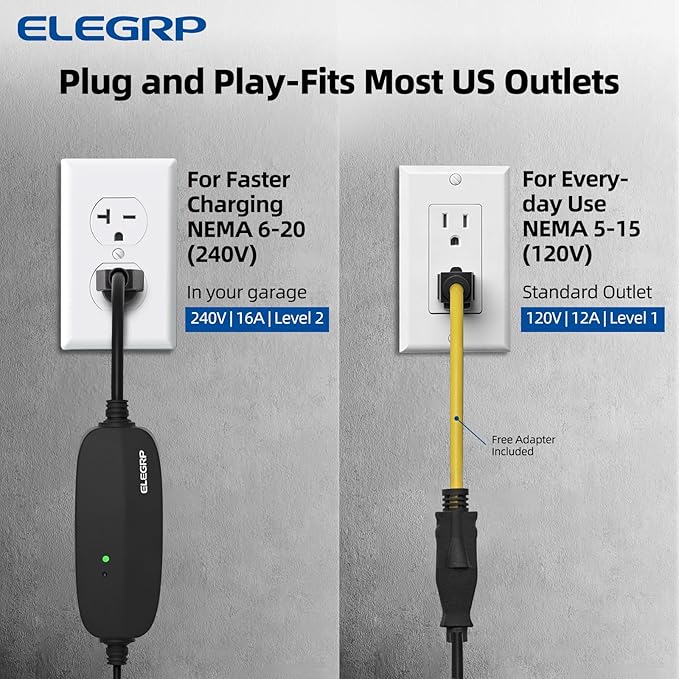 ELEGRP Level 1/2 EV Charger, 16 Amp, Portable J1772 Electric Car Charger, 16FT Cable, NEMA 6-20 & 5-15 Adapter, 110V-240V for BEVs/PHEVs, PBE & LRC Technology