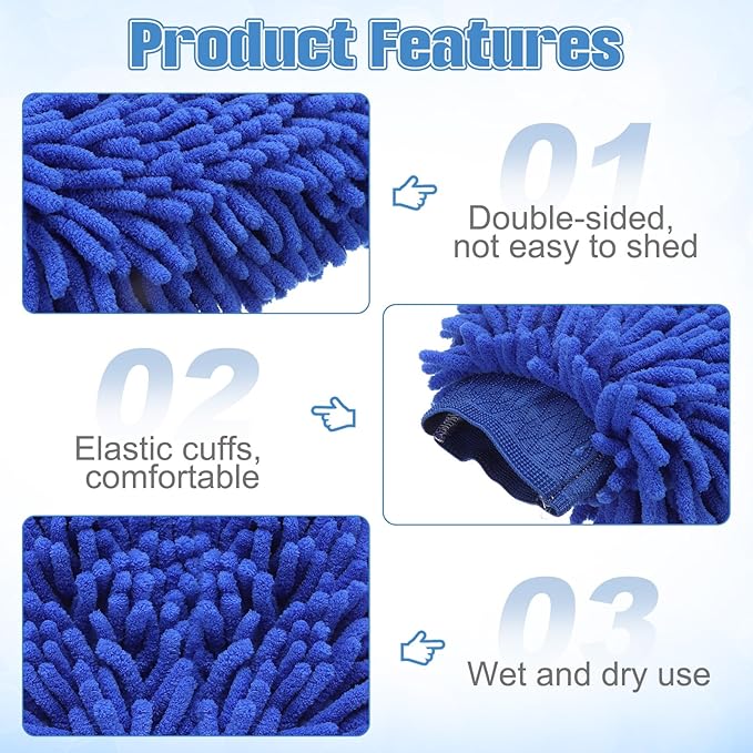 HARFINGTON Chenille Microfiber Car Wash Mitts 9" x 5.5" Scratch Free Wash Gloves Absorbent Double Sided Plush Cleaning Drying Mitts for Car Washing Home Clean Sky Blue