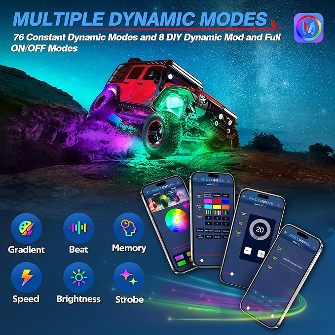 MICTUNING Y1 RGB+IC Dream Color Rock Lights - Upgraded 10 Pods Underglow Light with Chasing Effect, Wheel Well Light with Wiring Switch Kit, Bluetooth APP Control, Extensible Up to 24 Pods