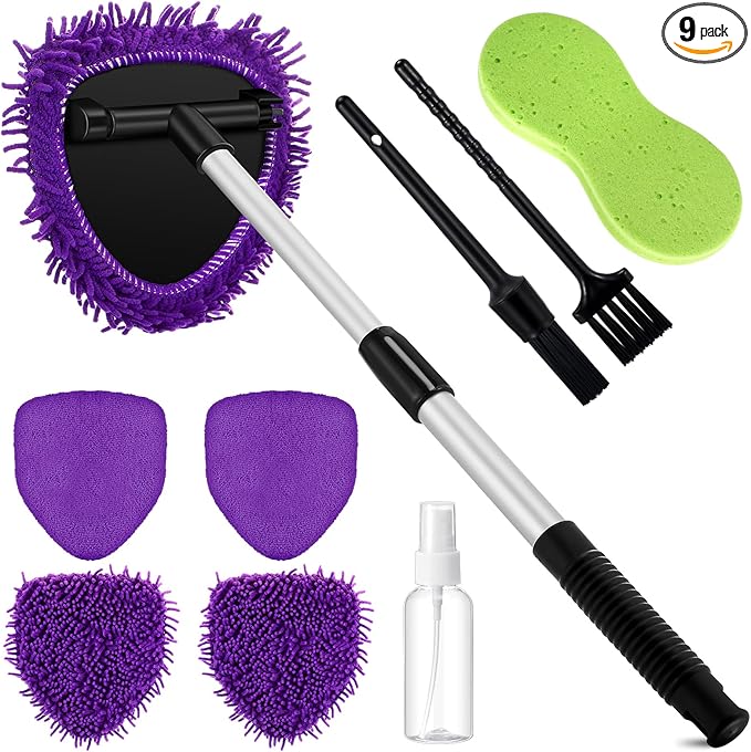 Baderke 9 Pcs Car Windshield Cleaner Tool Kit with with Extendable Handle, Microfiber Towel Pads, Sponge, Ventilation Brush, Empty Spray Bottle for Auto Glass Wiper Suvs Rvs & Home Windows(Purple)