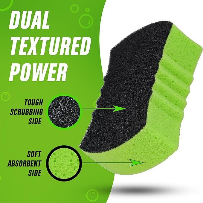Grip Clean Dual Texture Car Wash Sponge - Multi Purpose Bug Remover Scrubbing Side Soft Sea Sponge - Ultra Scrub Car Cleaning Sponges Wash Bucket Accessory - 2 Pack
