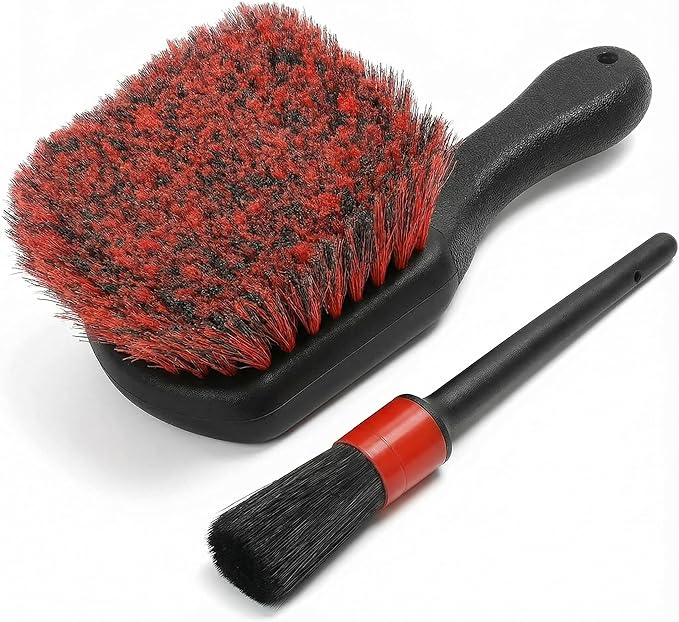 TAKAVU Wheel Tire Brush - Soft Bristle with Short Handle, Included Detailing Brush - Car Cleaning Kit for Rims, Tires, Interior Vents, Emblems - Scratch Safe