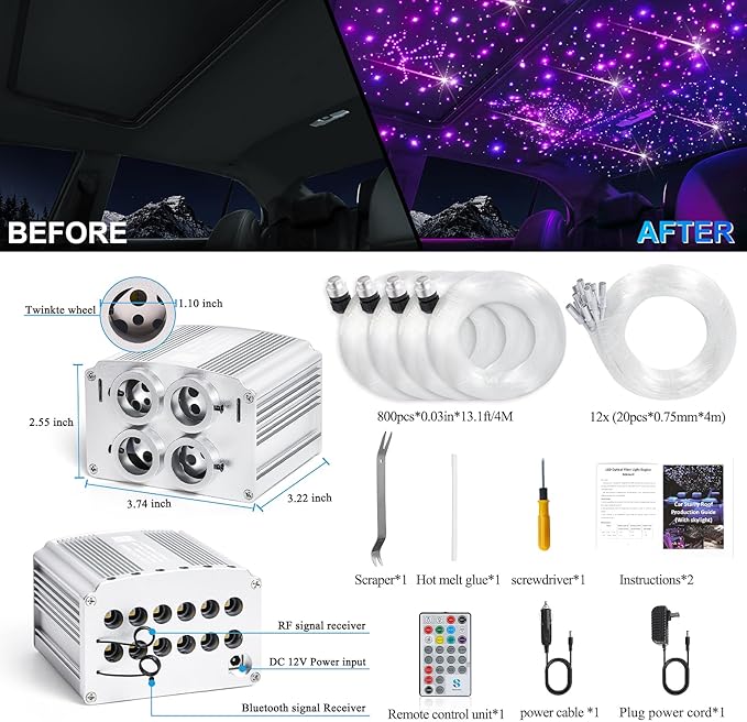 Car Starlight Headliner Kit, 4 Colors 32W Twinkle & Meteor Star Ceiling Lights, 2 in 1 Fiber Optic Light 4 Port Engine 800pcs*0.03in*13.1ft+240 RGBW Shooting Stars Lights for Car Home Roof Décor
