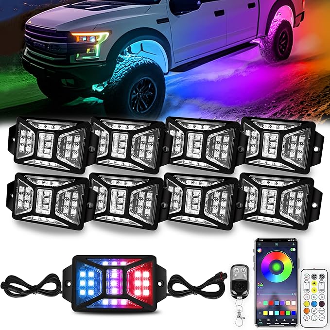 8 Pods 168 LEDs 5 Sides RGB Rock Lights, App/Remote Control Rock Lights for Trucks, Waterproof Multi-Color Bright Underglow Kits, Music Mode,Compatible with 12V Jeep UTV SUV ATV Golf RZR(Patented)