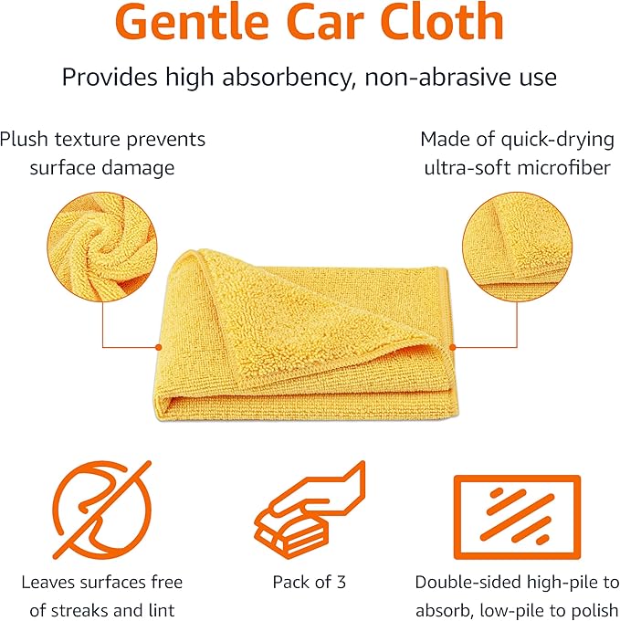 Amazon Basics Microfiber Car Drying Towels, Highly Absorbent, Lint Free, Scratch Free, Buffing and Polishing, Auto Detailing, No Streaks, Soft, Quick Drying, 16" x 16", Yellow, 3-Pack