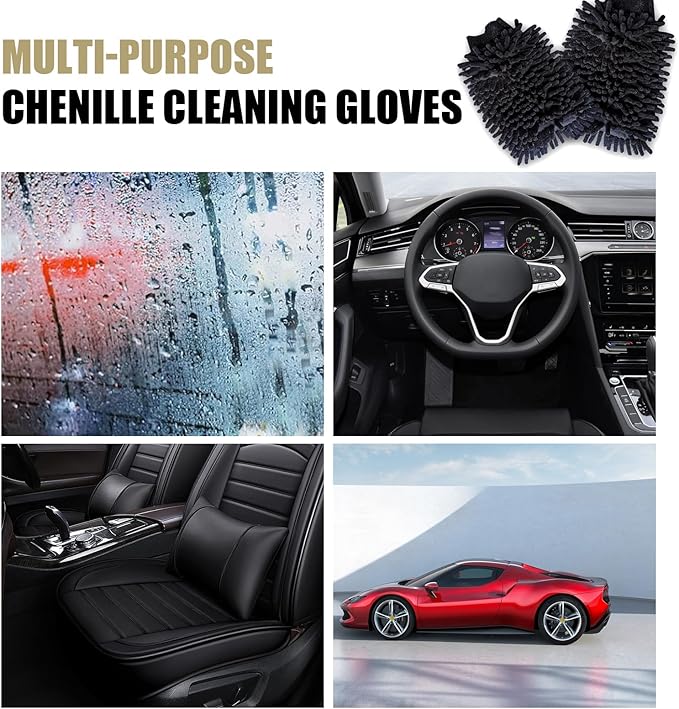 2 PCS Car Microfiber Wash Mitt, 5.51In X 9.05In Chenille, for Car Washing, Elastic Cuff Multi-Purpose Wash Mitt Cleaning Kit (Black)