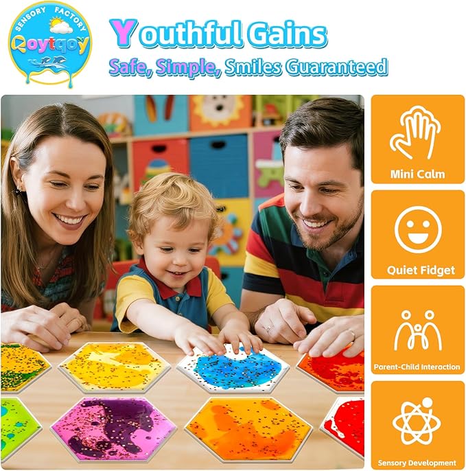 Squishy Liquid Sensory Gel Tiles 9 Packs - Hexagon Liquid Sensory Toys for Stress Relief & Fidget Fun, Washable Sensory Floor Tiles for Toddles 3+ Home, Classroom, Travel