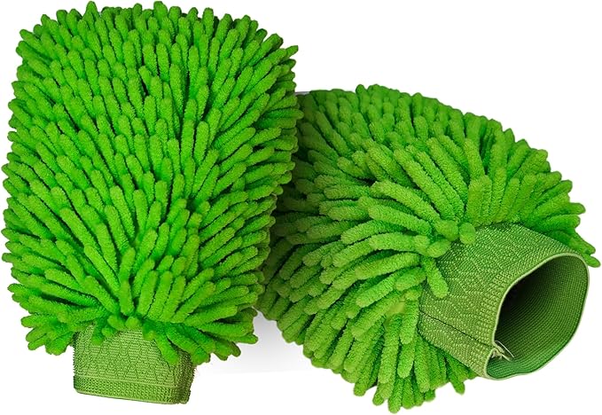 HI DETAIL Chenille Microfiber Car Wash Mitt 2 Pack, Premium Super Absorbent Scratch Free Car Wash Brush, Green 10" x 8"