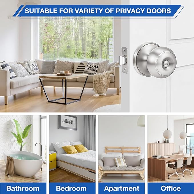 Plustool 5 Pack Brushed Nickel Door Knobs,Privacy Door Knob with Lock, Interior Doorknobs Silver, Keyless Door Locks Set for Bedrooms Bathrooms, Reversible for Left/Right Door Handle
