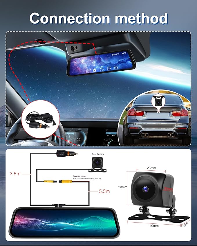 2025 9.66" 1080P Rear View Mirror Camera Front and Rear Dash Cam for Cars & Trucks - G-Sensor, Reverse Assist, GPS Tracking, WDR & HDR Night Vision, 64GB Card