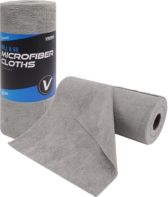 VIKING Microfiber Cleaning Cloth Roll, Reusable and Tear Away Microfiber Towels for House, Home, Garage, Car Cleaning Kit and Car Detailing Kit, 50 Pack, Grey, 12 inch x 12 inch