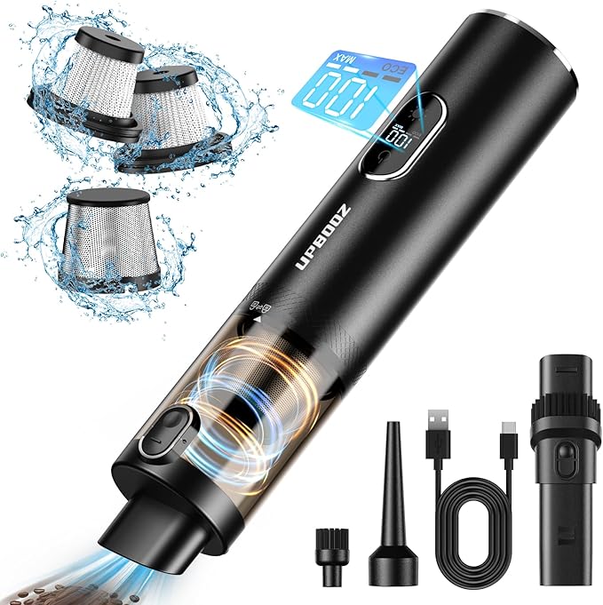 Upbooz Car Vacuum, Handheld Vacuum Cordless with 14000PA Powerful Suction with LED Light, Air Duster 2-in-1,Low Noise Rechargeable Portable Vacuum Cleaner for Car Home Pet Office