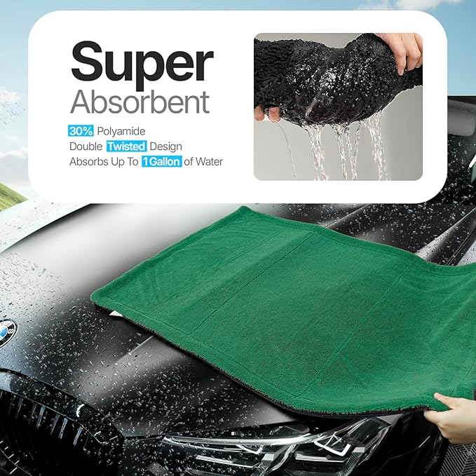 Extra Large Car Drying Towel, 36 Inches, 1300gsm,Super Absorbent Polyamide, Double-Twisted Design (Green and Grey)