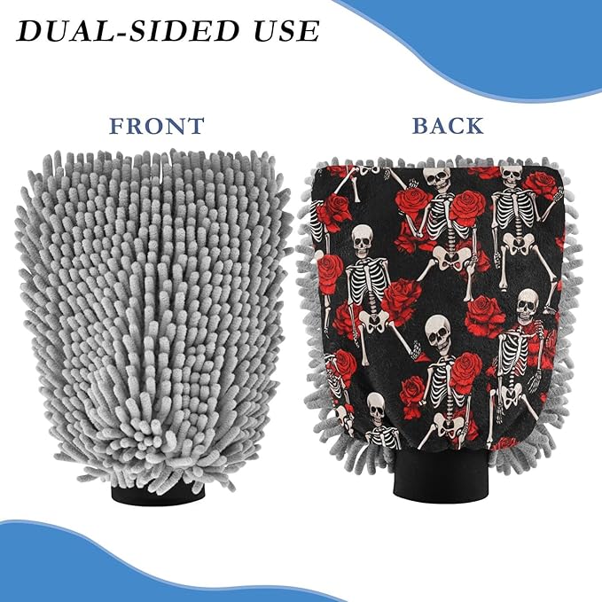 Qilmy Skeleton Rose Pattern Microfiber Chenille Car Wash Sponge Scratch Free Car Wash Mitt Absorbent Mitt Sponge for Trucks SUVs Car Washing Home Cleaning, Medium