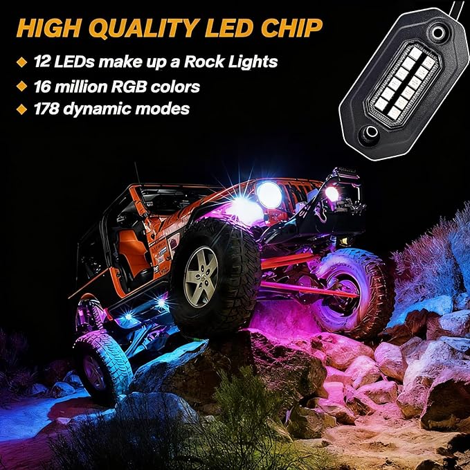 RGB LED Rock Lights Kit, 8 pods Multicolor Neon Light with Bluetooth App/Remote Control Flashing Music Mode, Aluminum Metal, IP68 Waterproof, 12v for Truck ATV UTV SUV