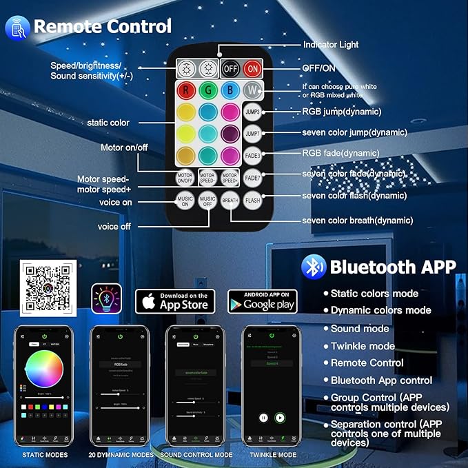 AMKI Updated 16W RGBW Fiber Optic Light Twinkle+Sound Activated Mixed 460pcs 9.8ft Cables APP Remote Music Control Car Home Starlight Headliner Star Ceiling Light Kit 0.03in 0.04in 0.06in Strands