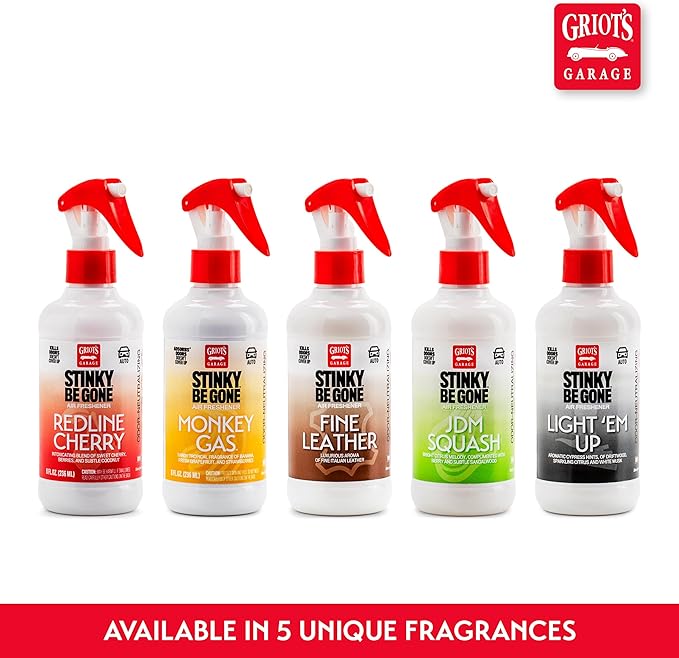 Griot's Garage Stinky-Be-Gone Light 'Em Up Air Freshener Spray – Odor Remover for Cars, Trucks, and SUVs on Carpets, Floor Mats, and Under Seats, 8oz