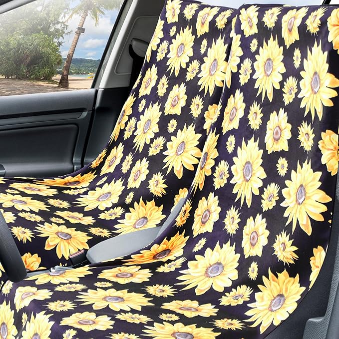 Hahafelt 2 Pack Car Seat Towel Covers with Storage Bag, 63 x 32 Inch Universal Non Slip Waterproof Sweat Protector for Car Truck, Gym Swimming Running, Machine Washable (Sunflower)