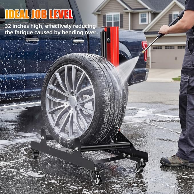 Rolling Wheel Detailing Stand with 4 Casters, Car Wheel Cleaning Stand, Heavy-Duty Tire Cleaning Stand 3-Way Rotating Rollers for Ceramic Coating Tire Shine