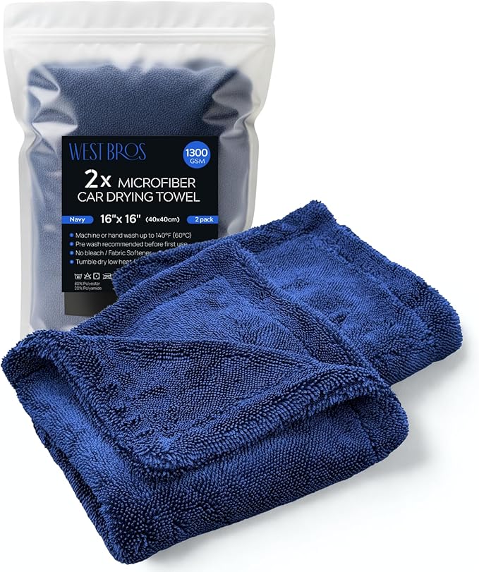2X Medium Car Drying Towel, 1300 GSM Professional Car Towel with Double Twisted Loop,Super Absorbent Large Microfiber Drying Towels for Cars, Trucks, SUVs - 16"x16" 2-Pack, Navy