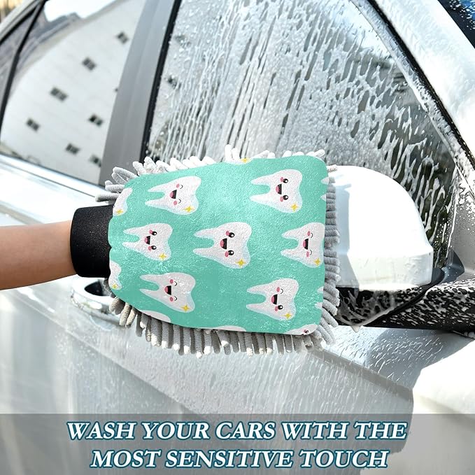 Kigai Cute Cartoon Teeth Car Wash Mitt 2PCS Ultra Absorbent Chenille Microfiber Car Washing Glove Scratch Free Lint Free Wash Sponge Auto Cleaning Glove, 10.2x7.1 inch