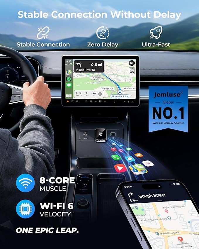 Jemluse Wireless CarPlay Adapter for Apple - Mini Size, Fast Stable Connection Convert Wired to Wireless Car Play Dongle for iPhone iOS 10+, Plug & Play for Cars from 2016+ w/USB-C (Grey)