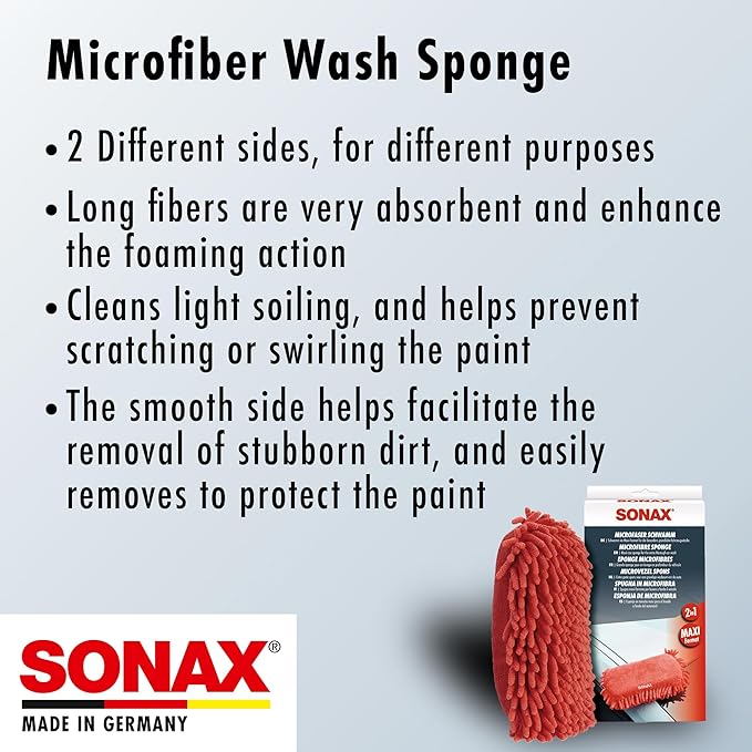 SONAX Microfiber Wash Sponge – Scratch-Free Car Wash Sponge, Ultra-Soft Microfiber, High Suds Absorption, Safe for Paint & Clear Coat