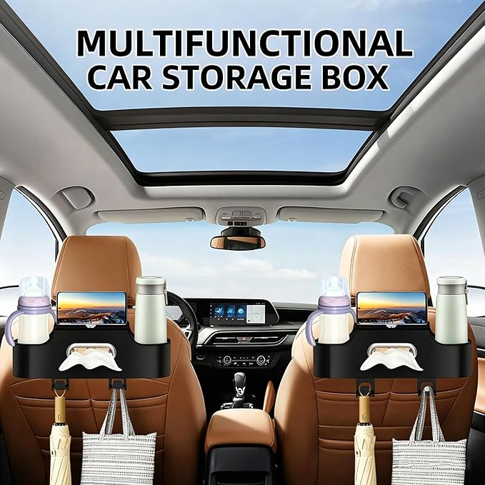 4-in-1 Back Seat Car Organizer, Adjustable Hooks, Universal Fit, with Cup Holder, Tissue Box & Storage, for Travel, Stores Phone, Snacks, Drinks, Handbags, Keeps Car Neat & Space-Saving (Red)