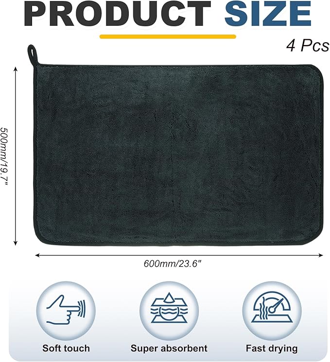 uxcell 4 Pcs 600gsm Microfiber Towels for Cars, 19.7 x 23.6 Inch Car Drying Towel Drying Towels Car Detailing Extra Large Super Absorbent Towel for SUV Truck Home, Dark Gray