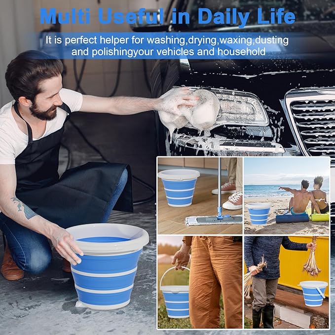 Collapsible Car Wash Bucket with Microfiber Mitt, 10L (2.6 Gallon) Portable Water Bucket with Handle for Car Wash Household Cleaning, Multiuse Collapsible Water Bucket and Car wash mitt - Blue
