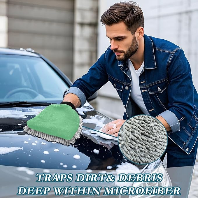Qilmy Green Microfiber Chenille Car Wash Sponge Scratch Free Car Wash Mitt Absorbent Mitt Sponge for Trucks SUVs Car Washing Home Cleaning, Large