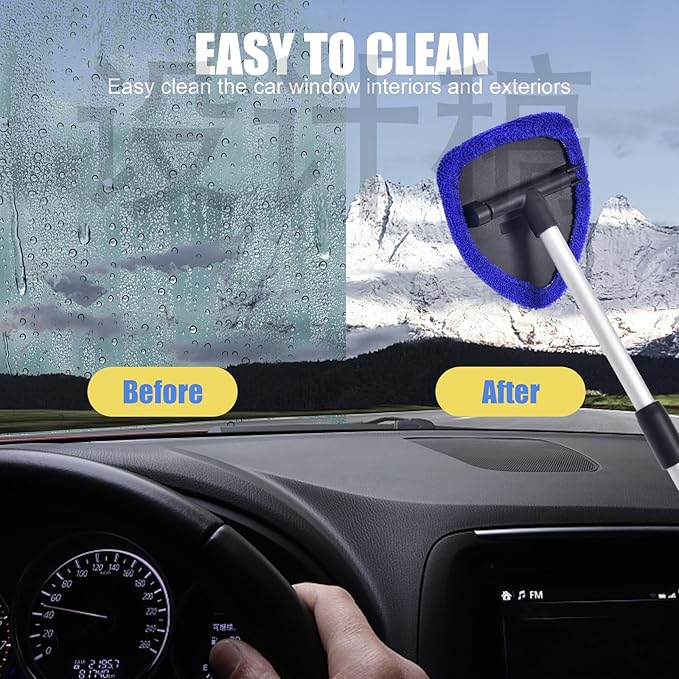 Windshield Cleaner, Car Windshield Cleaning Tool with 3 Reusable and Washable Microfiber Pads and Extendable Handle Microfiber Car Window Cleaner