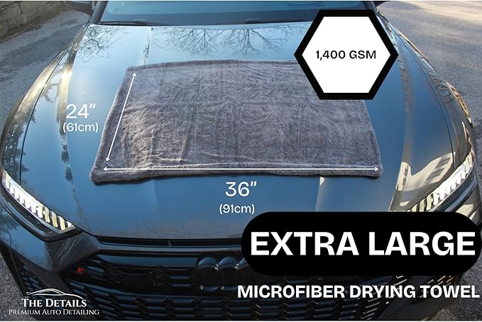 The Details Microfiber Car Drying Towel 36"x24" 1,400 GSM, Extra-Large, Ultra-Absorbant Edgeless Microfiber Drying Towel for Cars and Trucks etc, Charcoal Grey