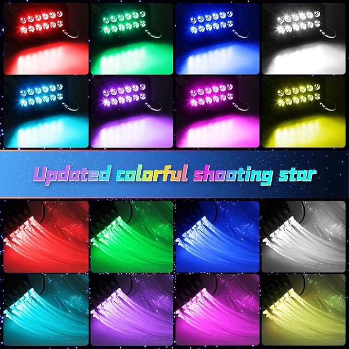 Car Starlight Headliner Kit, 4 Colors 32W Twinkle & Meteor Fiber Optic Shooting Stars Lights, 2 in 1 Light Engine 1200pcs*0.03in*13.1ft+240 RGBW 4 Port Ceiling Starlights for Car Home Roof Décor