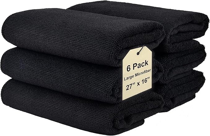 Cleaning Towel Wash-Cloth - Large 27" x 16" Microfiber Rags - Highly Absorbent, Lint Free Streak Free for House, Kitchen, Car, Window Detailing Reusable Shop Towels (6-Pack, Black)