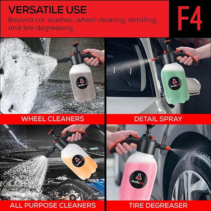 Suds Lab F4 Foaming Pump Sprayer with 70 oz UV Resistant Canister & Ergonomic Handle – Handheld Dual-Action Atomizer Car Foam Sprayer for Detailing, Garden & Home Use