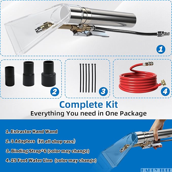 Happy Tree Universal Fit All Brands' Shop Vac Extractor Hose Kit Adapter Wet-dry Extraction Accessory for Upholstery & Carpet Cleaning Auto Detailing Wet Vaccum Accessories with 25 Feet Water Hose