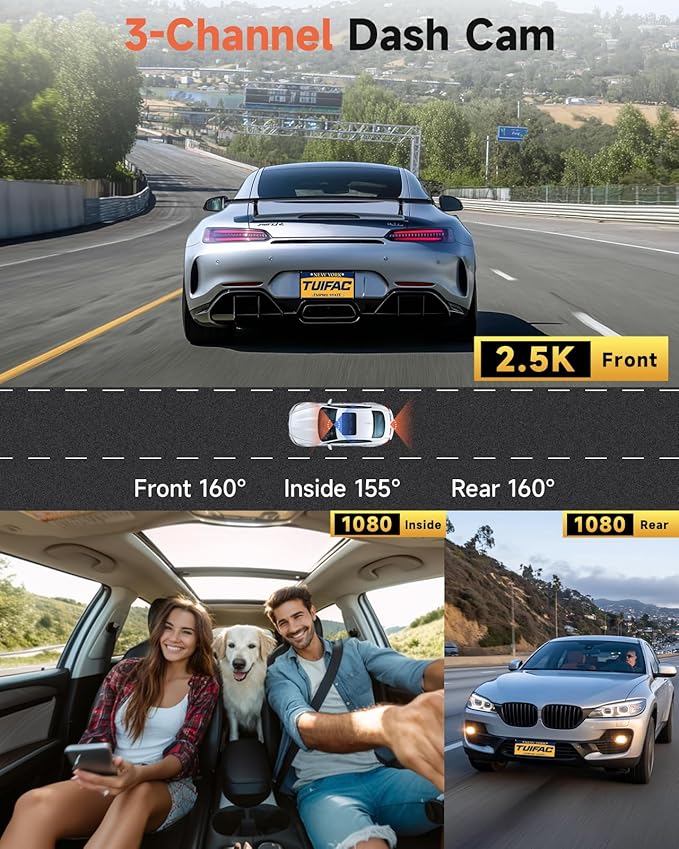 Dash Cam Front and Rear, 2.5K+1080P+1080P 3 Channel Dash Cam with 32GB Card, Wi-Fi Dash Camera for Cars, G-Sensor, Night Vision, 24H Parking, Loop Recording, 1.97”IPS, Support 256GB