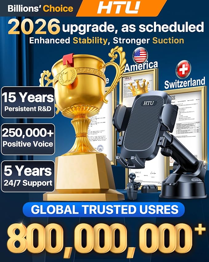 HTU 2026 Ultimate Best【True Military-Grade & Safety Cert】 Universal Cell Phone Holder Truck Car Mount for Dashboard Windshield Air Vent for iPhone 17 16 Pro Max 15 Samsung 2pcs,Black