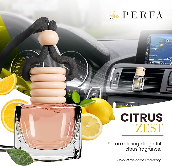 Citrus Lemon Car Air Freshener | Hanging Car Freshener with Vent Clip | Long Lasting Diffuser, Slow-Release Aroma Technology, Adjustable Scent Intensity | Premium Scented Interior Perfume by Perfa