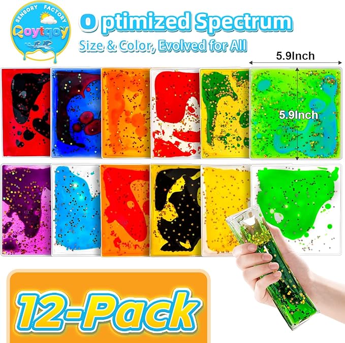 Squishy Liquid Sensory Gel Tiles 12 Packs - Square Sensory Fidget Toys for Stress Relief, Sensory Play & Portable Fun, Washable Sensory Floor Tiles for Kids in Home, Classroom, Travel