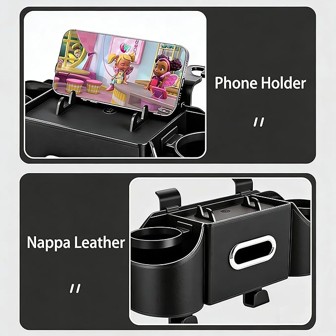 4-in-1 Back Seat Car Organizer – Premium Nappa Leather Storage Caddy with Cup Holder, Tissue Dispenser & Phone Pocket for Kids & Travel | Universal Fit for SUVs, Vans & Cars (Black)