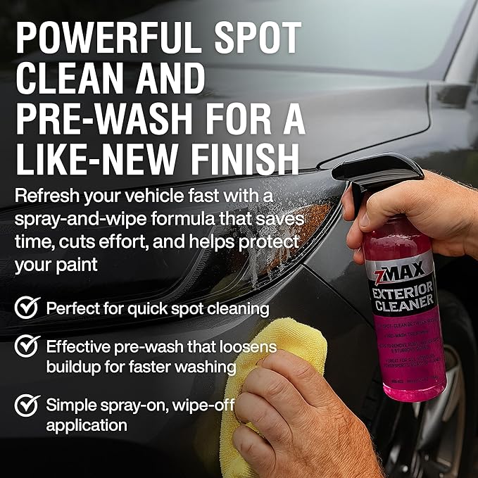 zMAX Exterior Cleaner, 24oz - Multi-Surface Pre Wash for Car Detailing and Spot Cleaning Stubborn Debris - Easily Removes Bird Droppings, Bugs, Dirt, Grime, Mud, Water Spots, Salt and De-Ice Residue